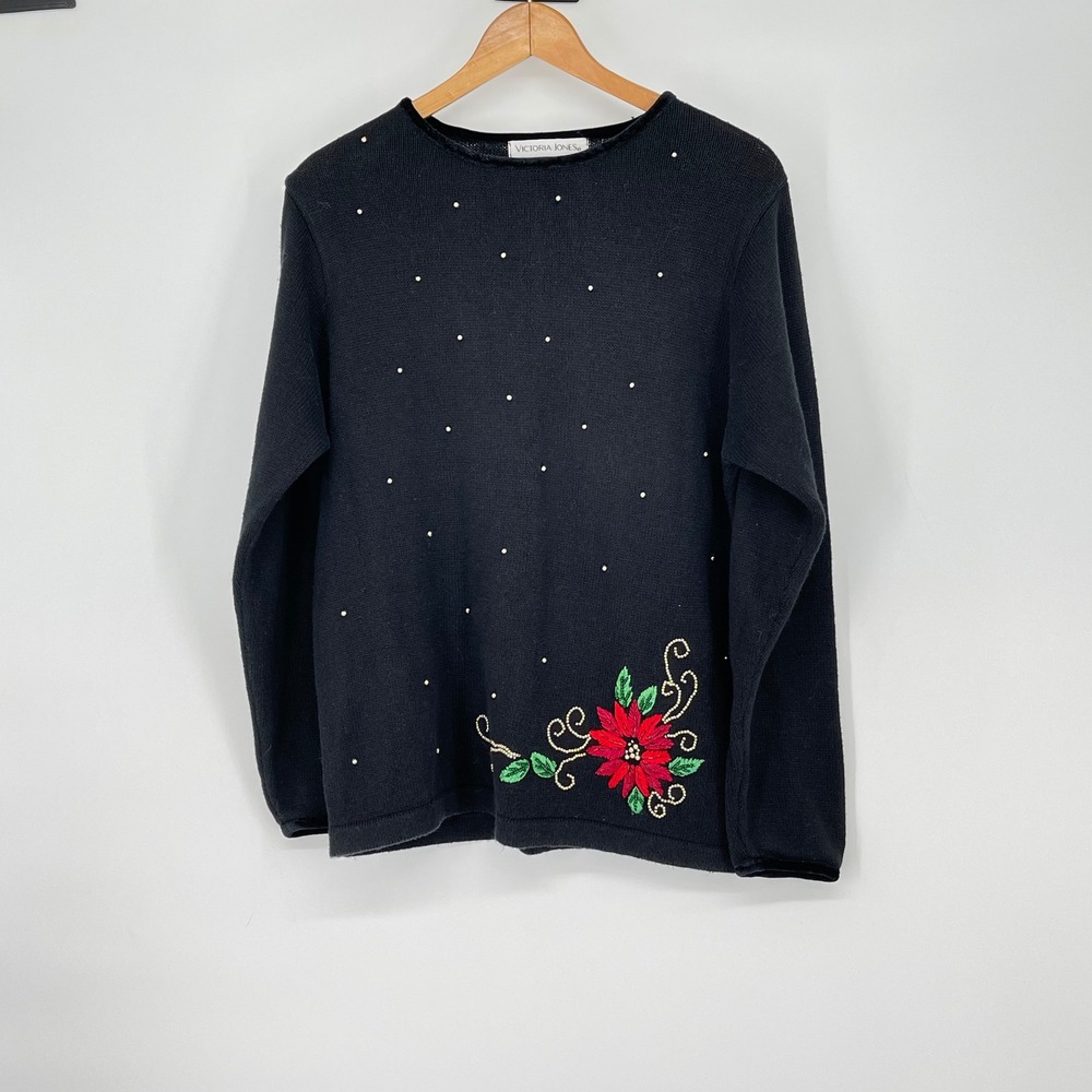 Vintage Victoria Jones Black Red Beaded Embroidered Poinsettia Christmas Sweater